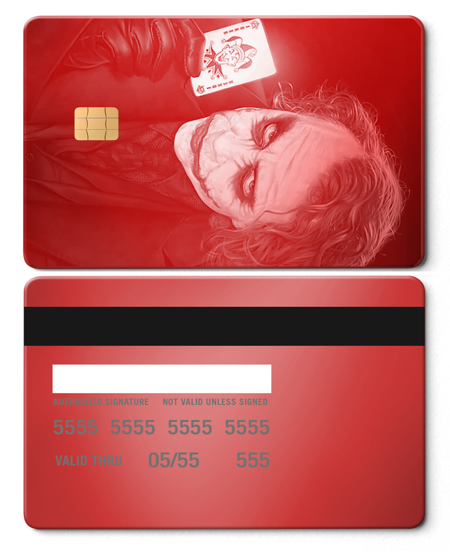 Red metal card featuring a joker illustration holding a playing card, chip and card details visible.