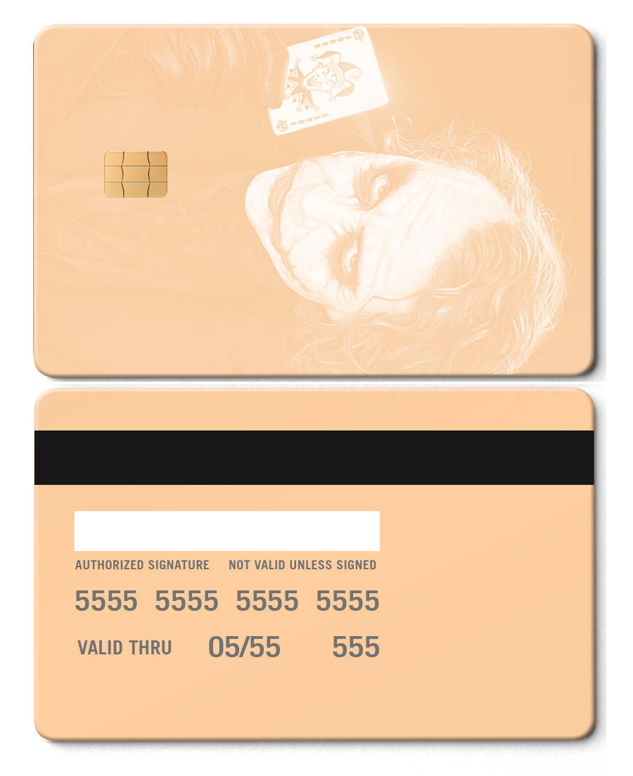 Rose gold metal card featuring a Joker design with card chip and engraved details