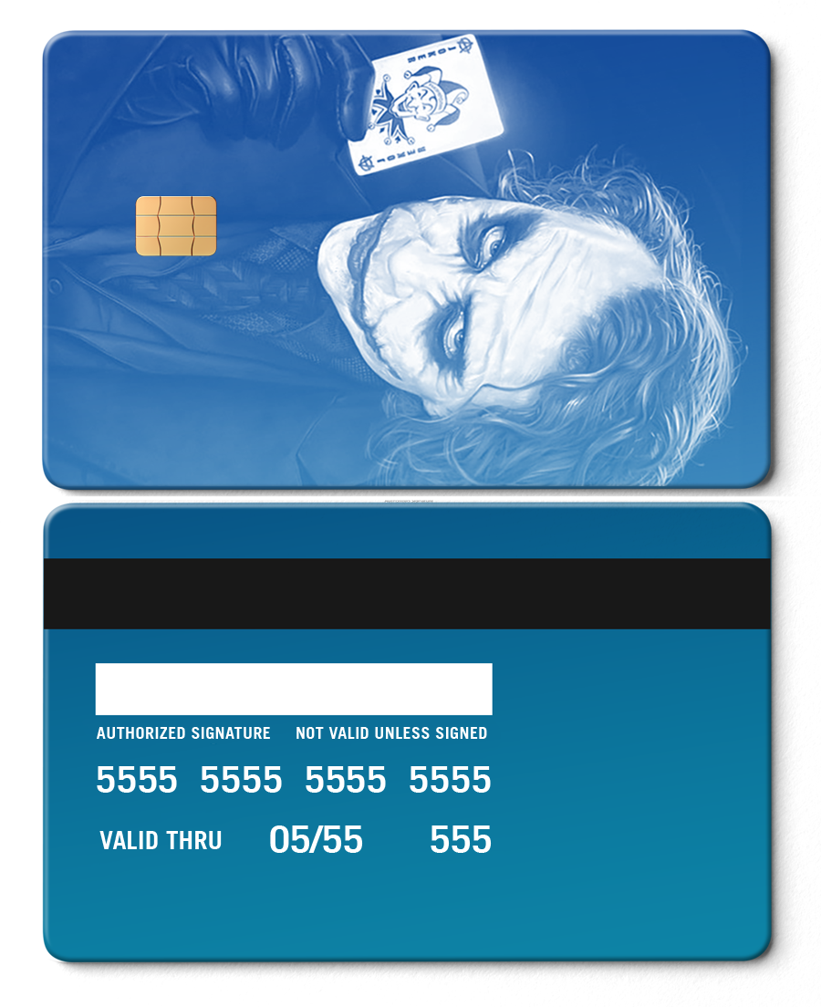 Sapphire blue metal card featuring a joker illustration holding a joker card, with chip.