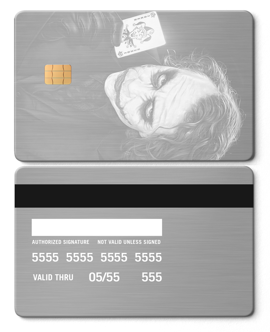 Joker-themed silver metal card with engraved face and chip, back shows magnetic stripe and details.