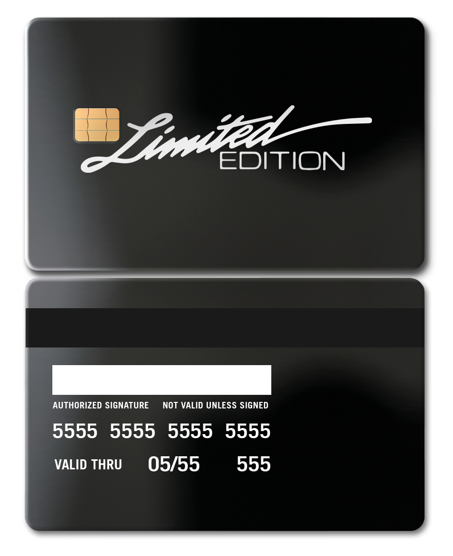 Limited Edition mirror black metal credit card with chip, bold white script, and glossy finish