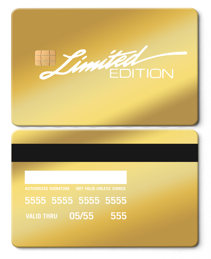 Limited Edition mirror gold metal card with chip, sleek gold finish, signature panel, and bold text.