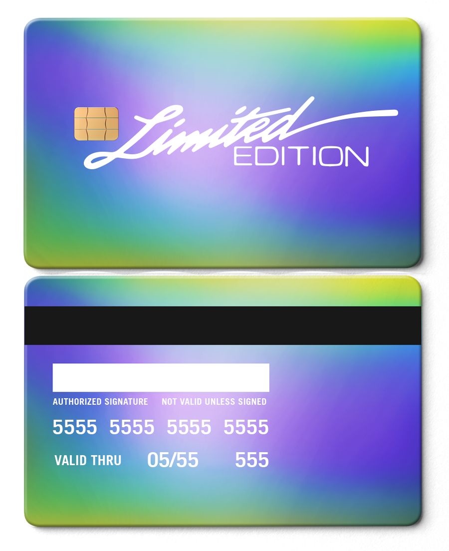 Limited edition metal card with rainbow chrome gradient, chip, and embossed details