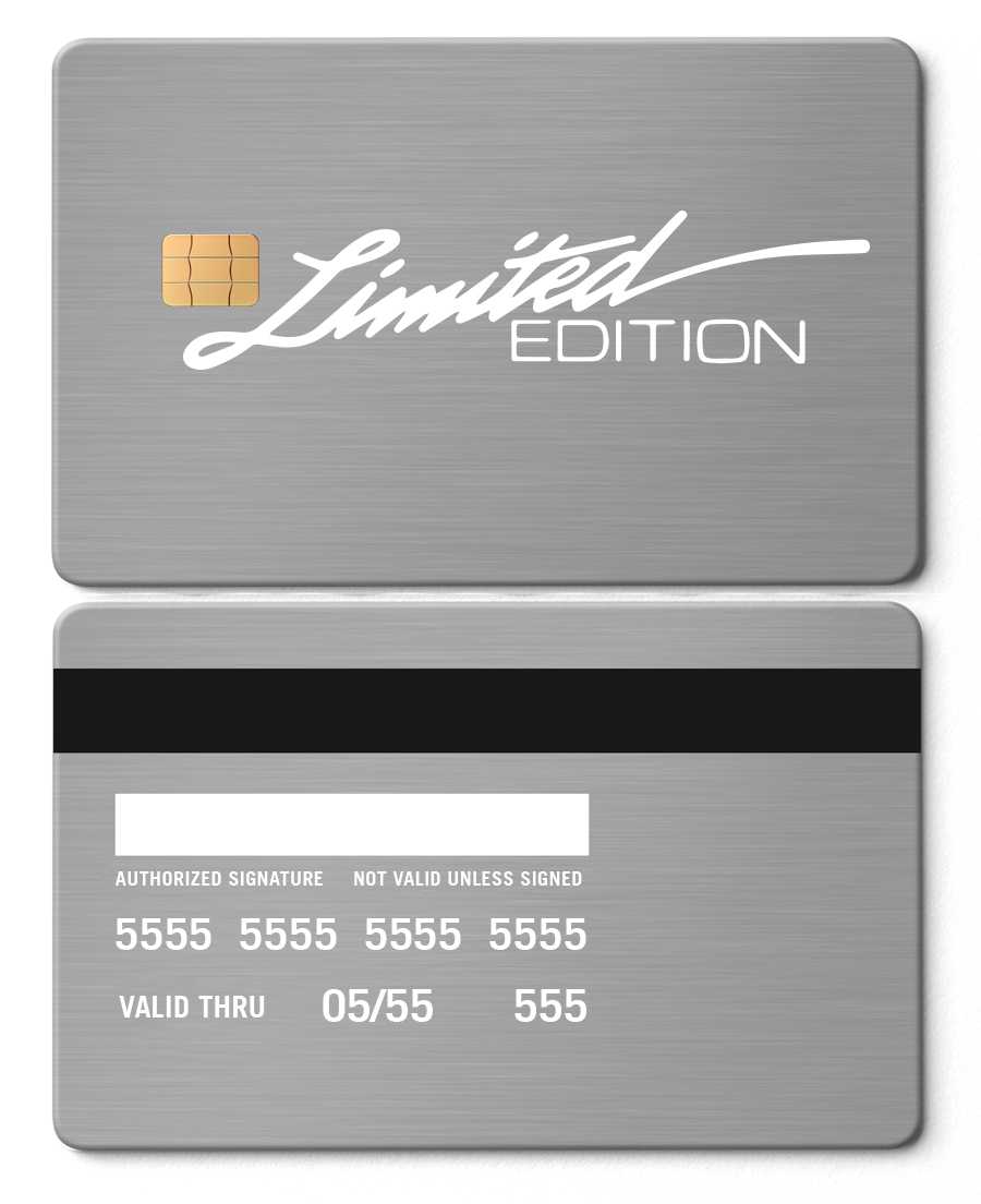Limited Edition silver metal card with chip, brushed finish, and signature strip