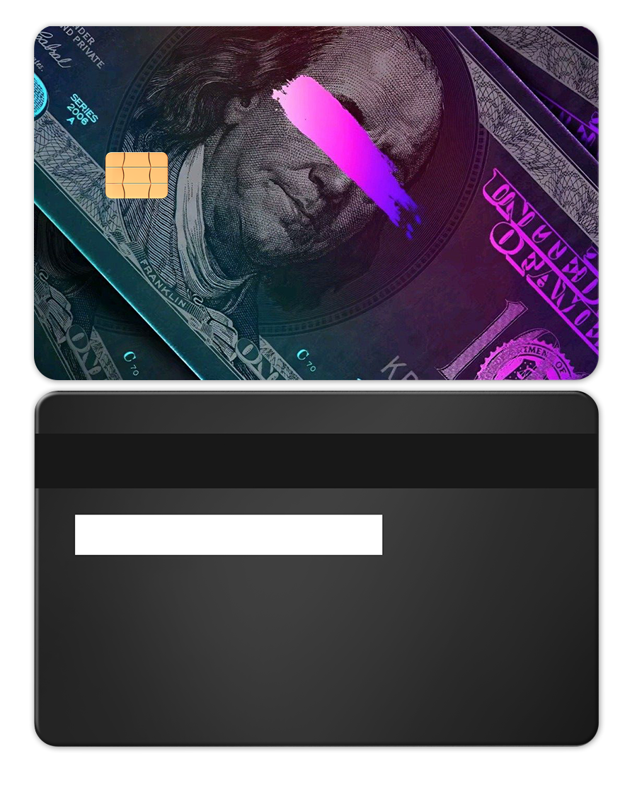 Matte black metal card with neon pink graffiti over dollar bill design