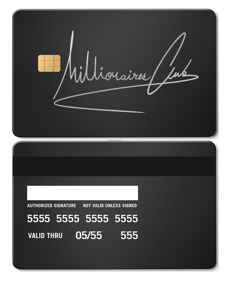Black metal Millionaires Club card with chip, bold silver signature, and card details
