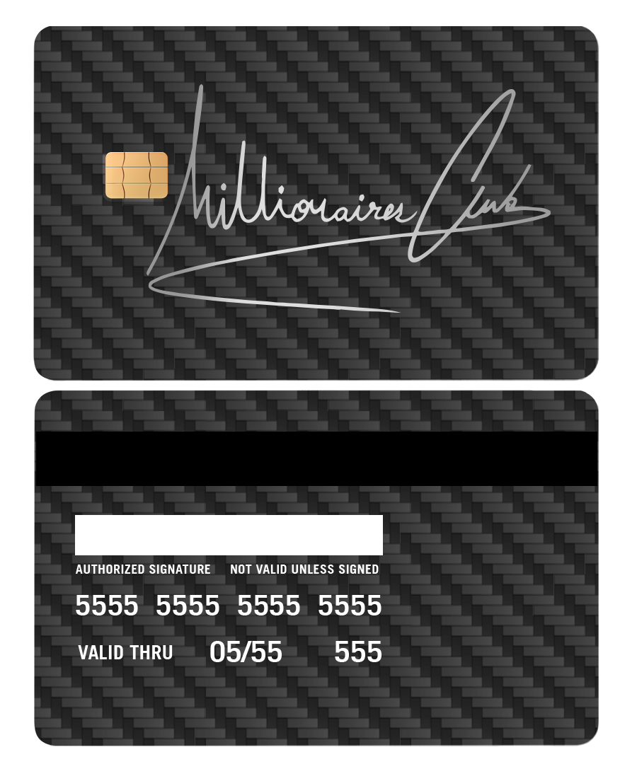 Millionaires Club black metal card with carbon fiber pattern, chip, and signature strip