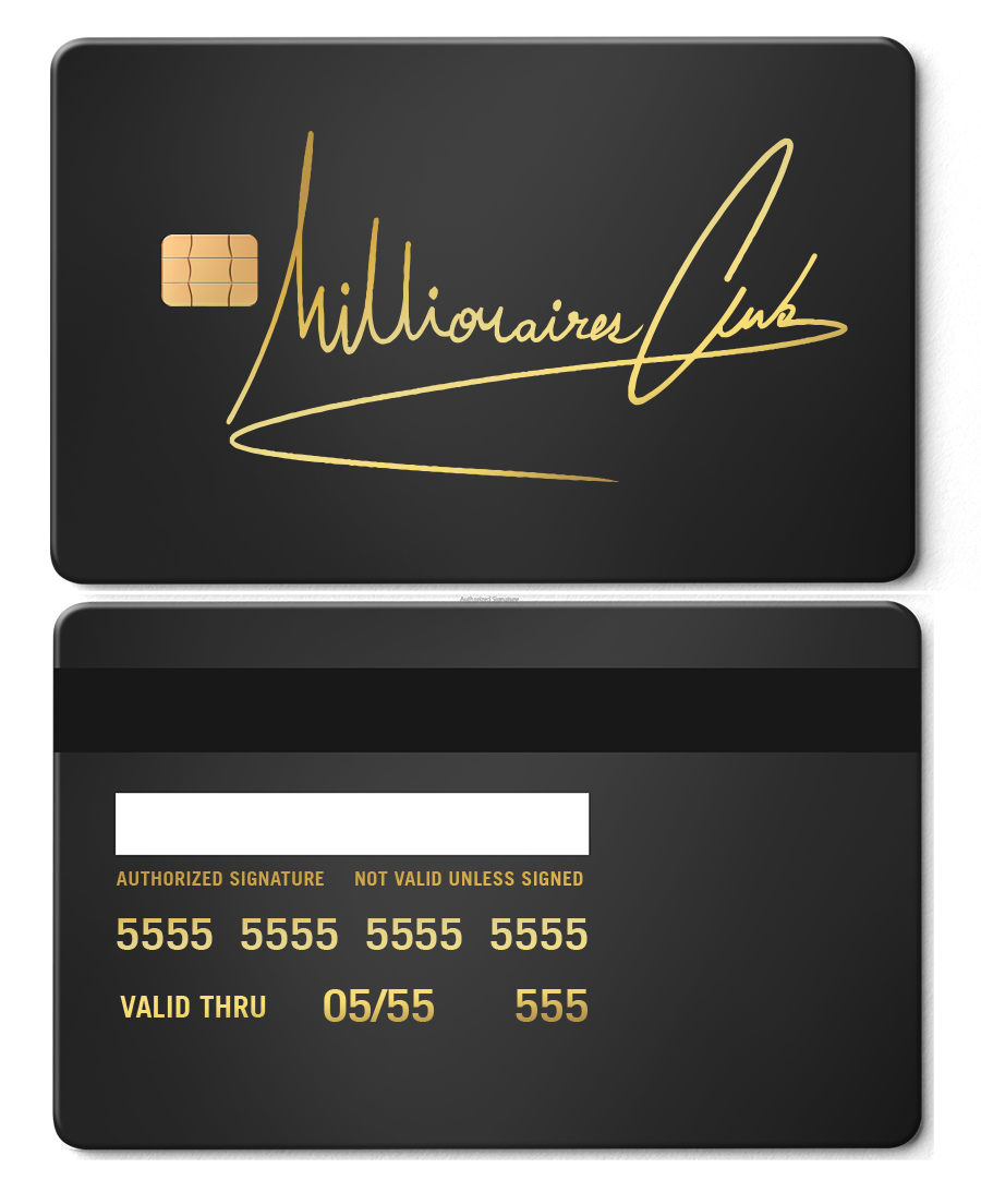 Millionaires Club metal card featuring gold lettering, EMV chip, and sleek black design.