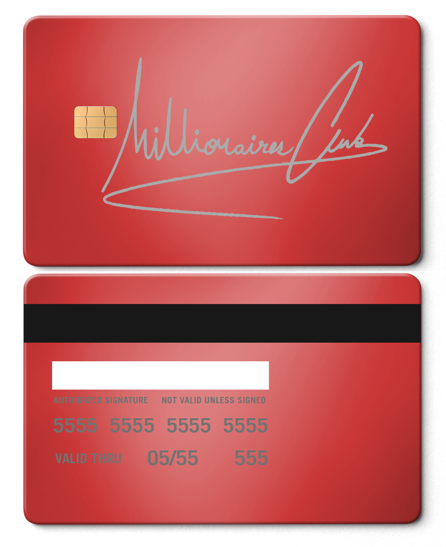 Red metal credit card with 'Millionaires Club' script, chip, and magnetic stripe design.