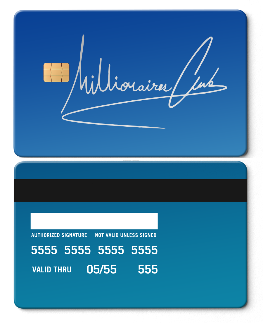 Sapphire blue Millionaires Club metal card with chip and signature design front and back.