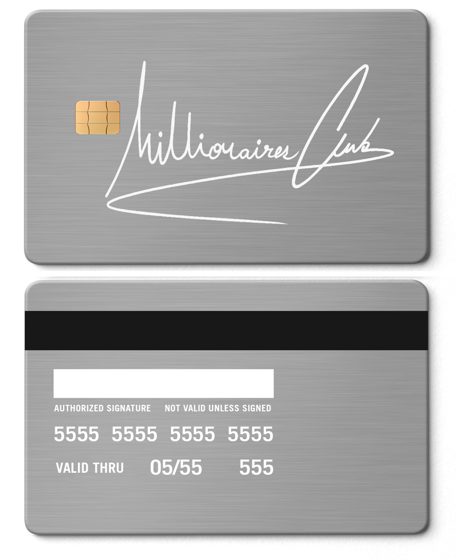 Millionaires Club silver metal card with chip, signature, and embossed details