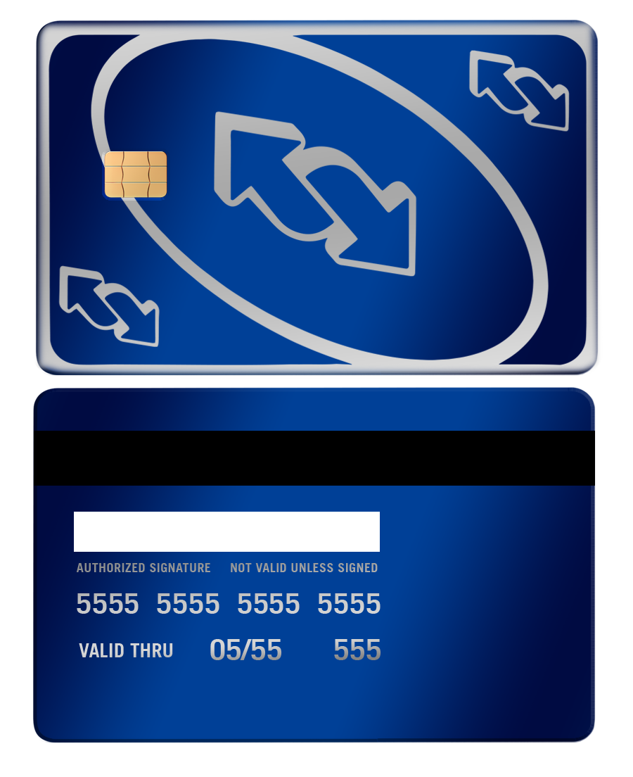 Blue metal card featuring white reverse arrows, chip, and magnetic stripe design.