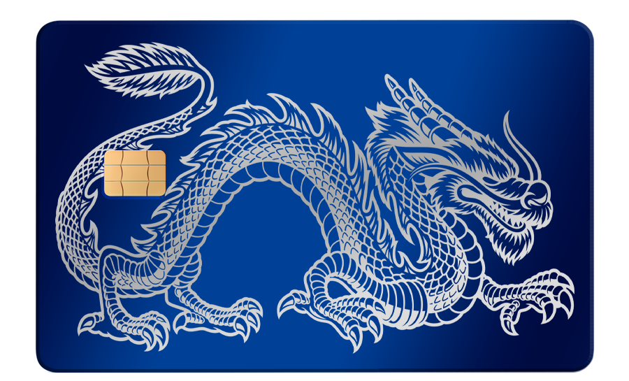 Blue metal card with silver dragon design and gold chip