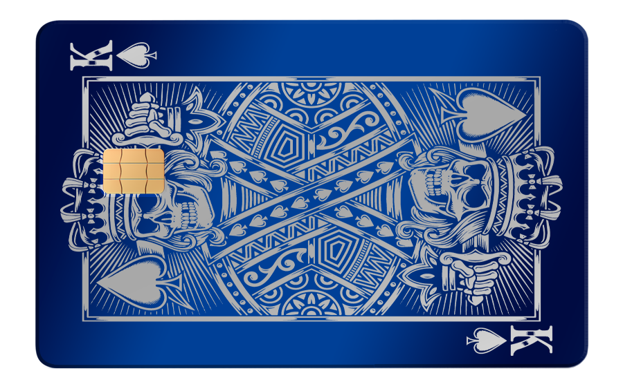 Blue metal card with King of Spades skeleton design and embedded chip