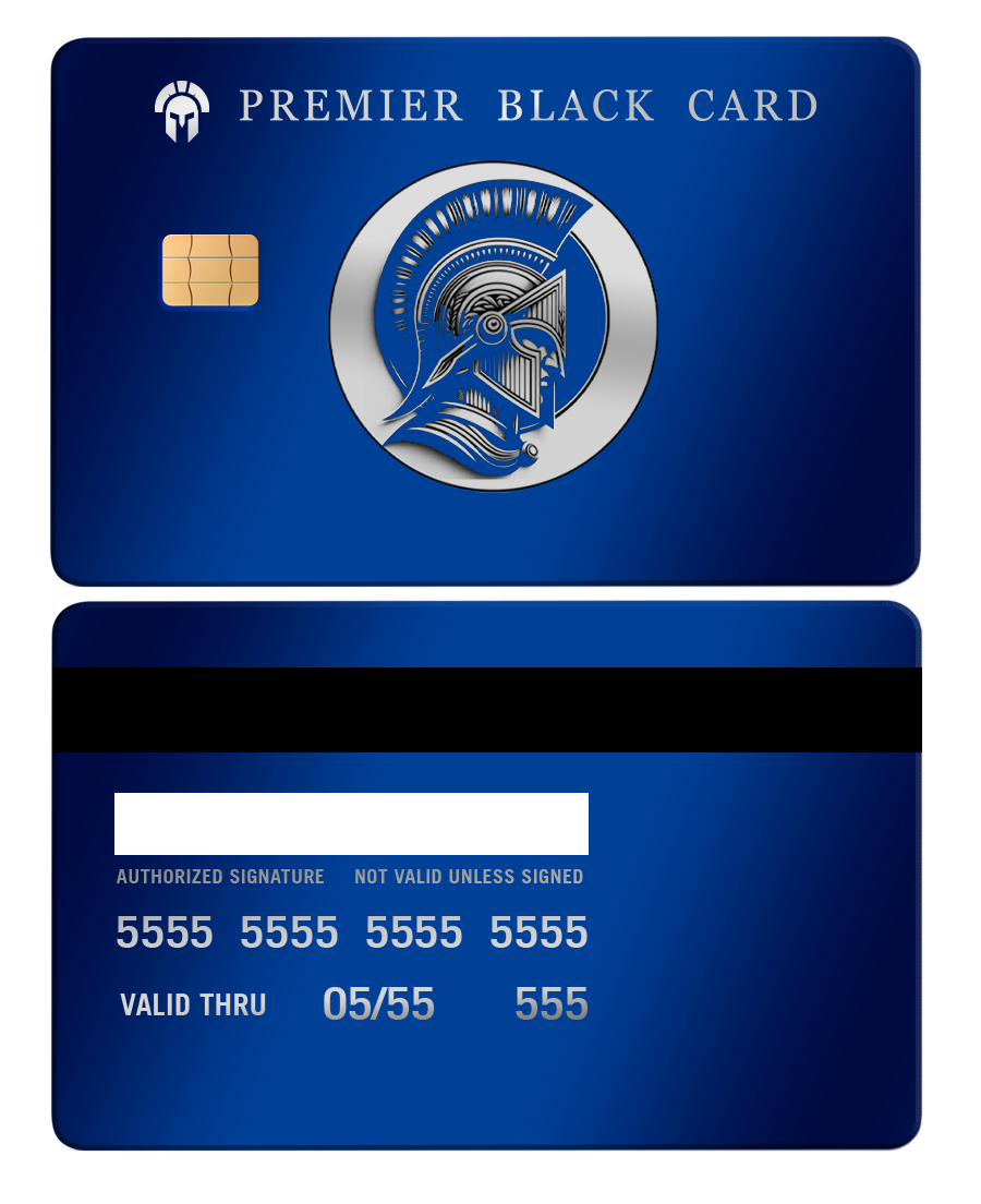 Blue metal card with silver Spartan helmet design and Premier Black Card text, front and back view