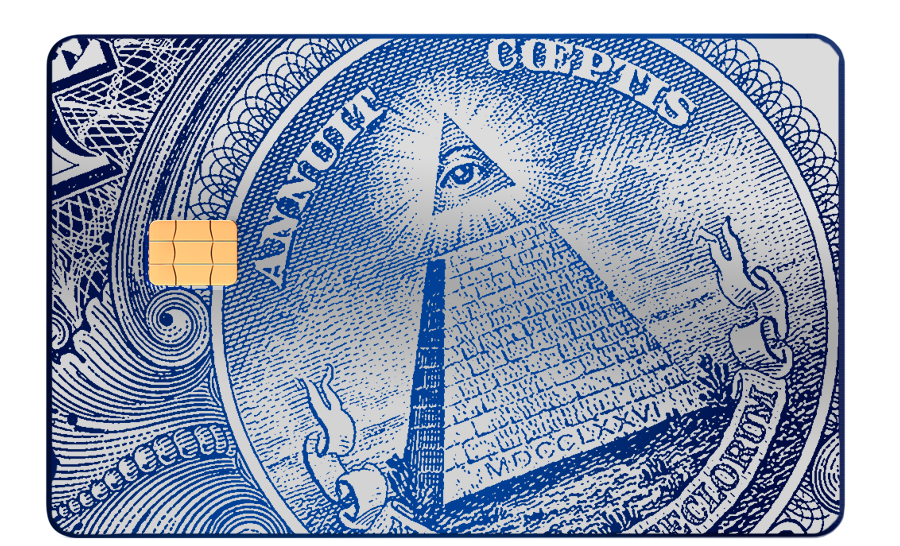 Metal card with blue dollar bill pyramid and eye design, EMV chip on left side.