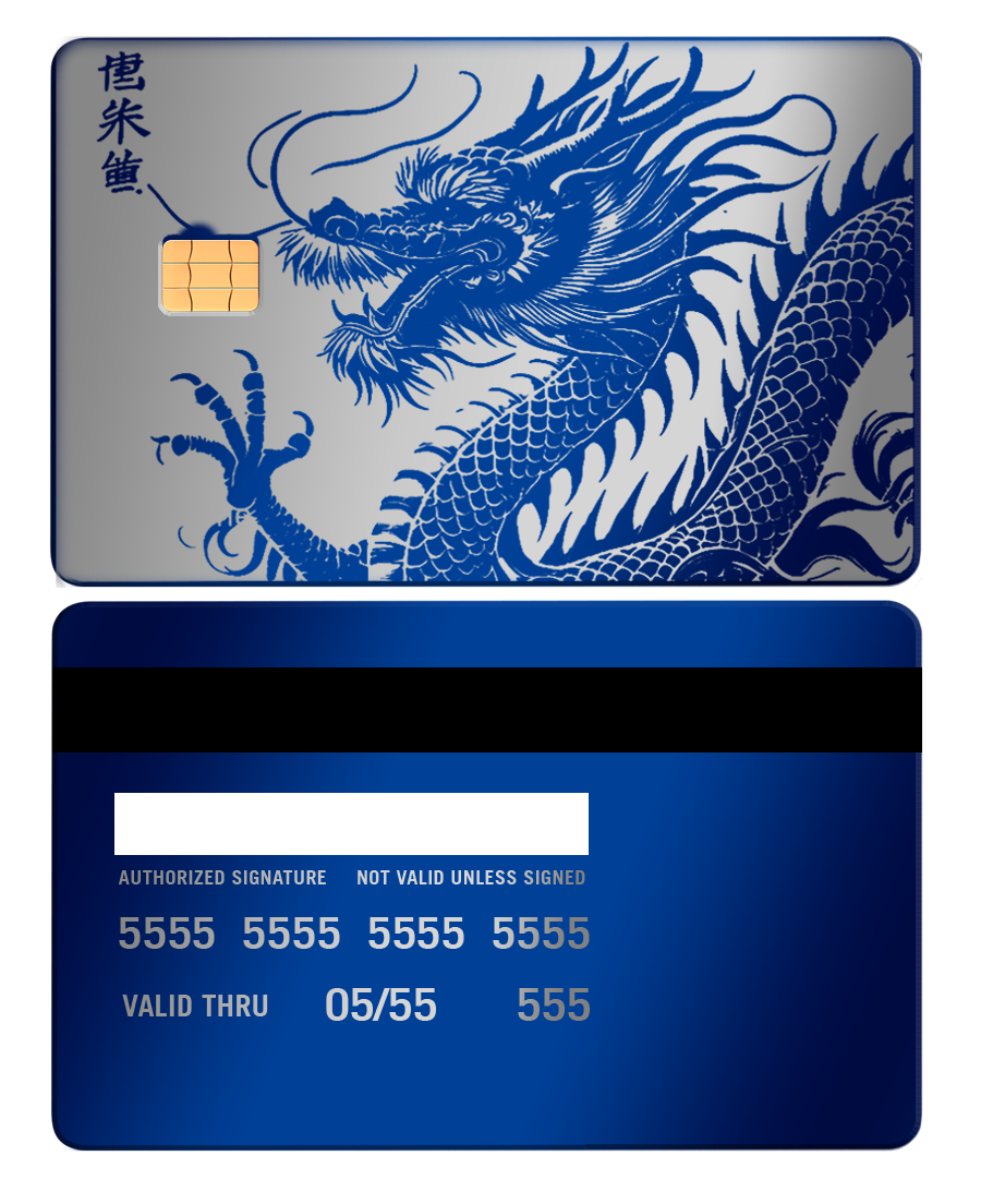 Metal card with blue dragon design, chip, and Chinese characters on silver background