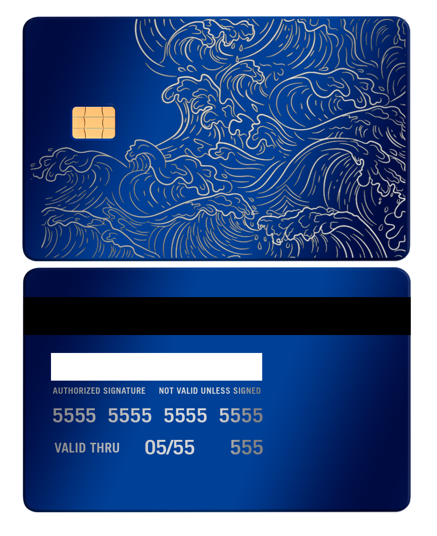 Metal card in glossy blue with wave pattern, EMV chip, and black magnetic stripe.