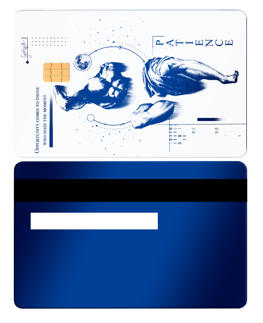 Modern metal card with blue art design, chip, 'PATIENCE' text, and blue magnetic stripe back.