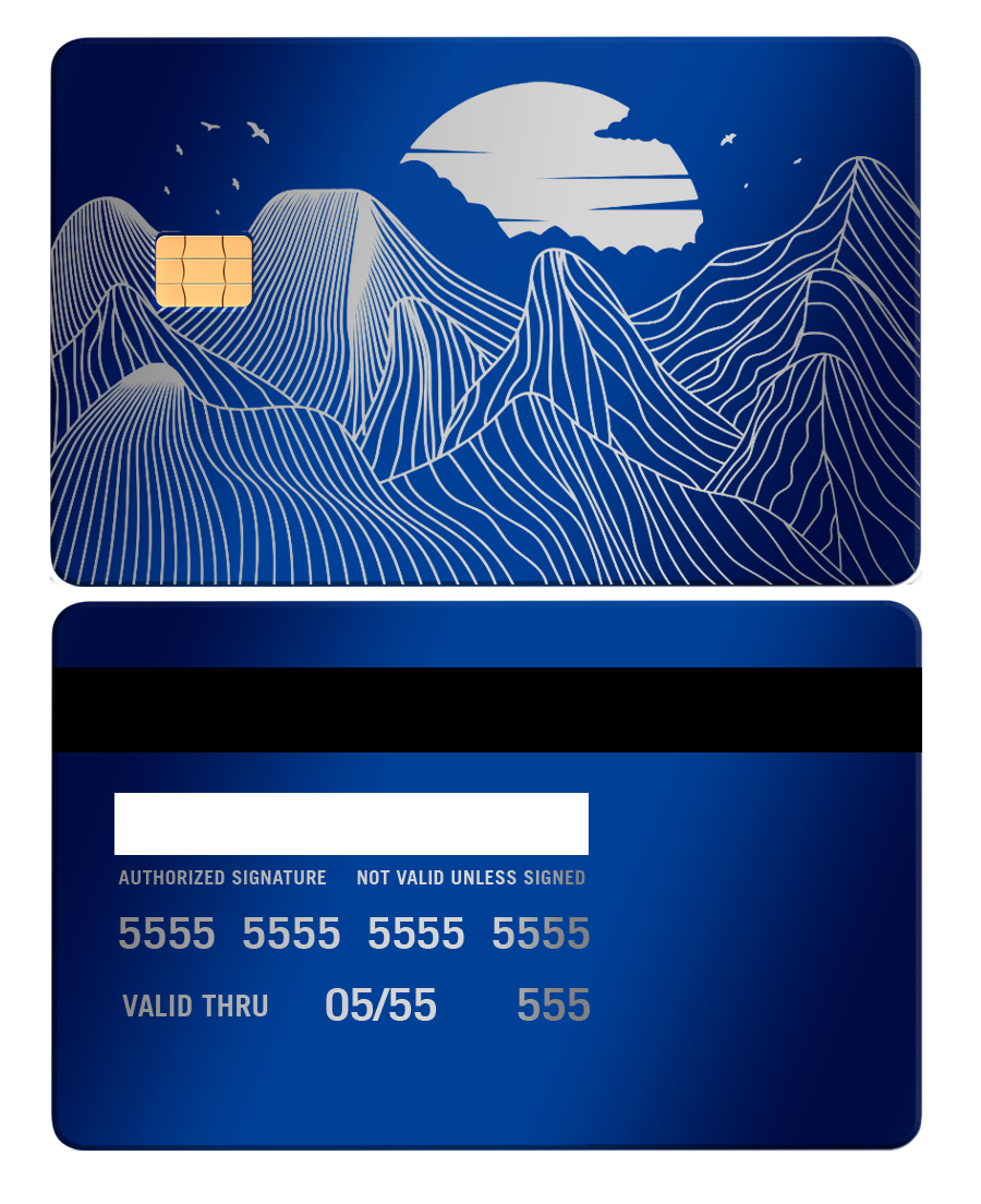 Blue metal card with line art mountains, moon, and chip, modern design, front and back shown.