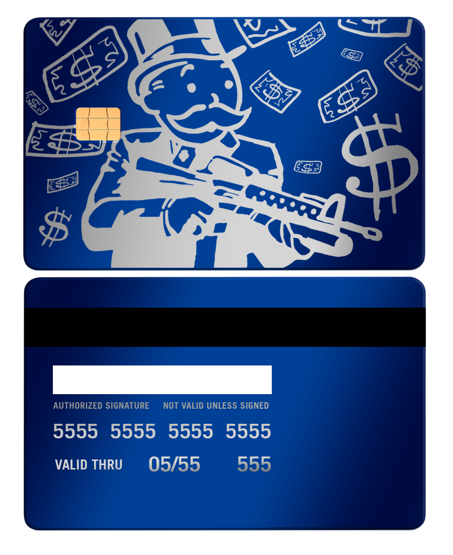 Blue metal card with cartoon man in top hat, rifle, dollar bills, chip, and magnetic stripe.