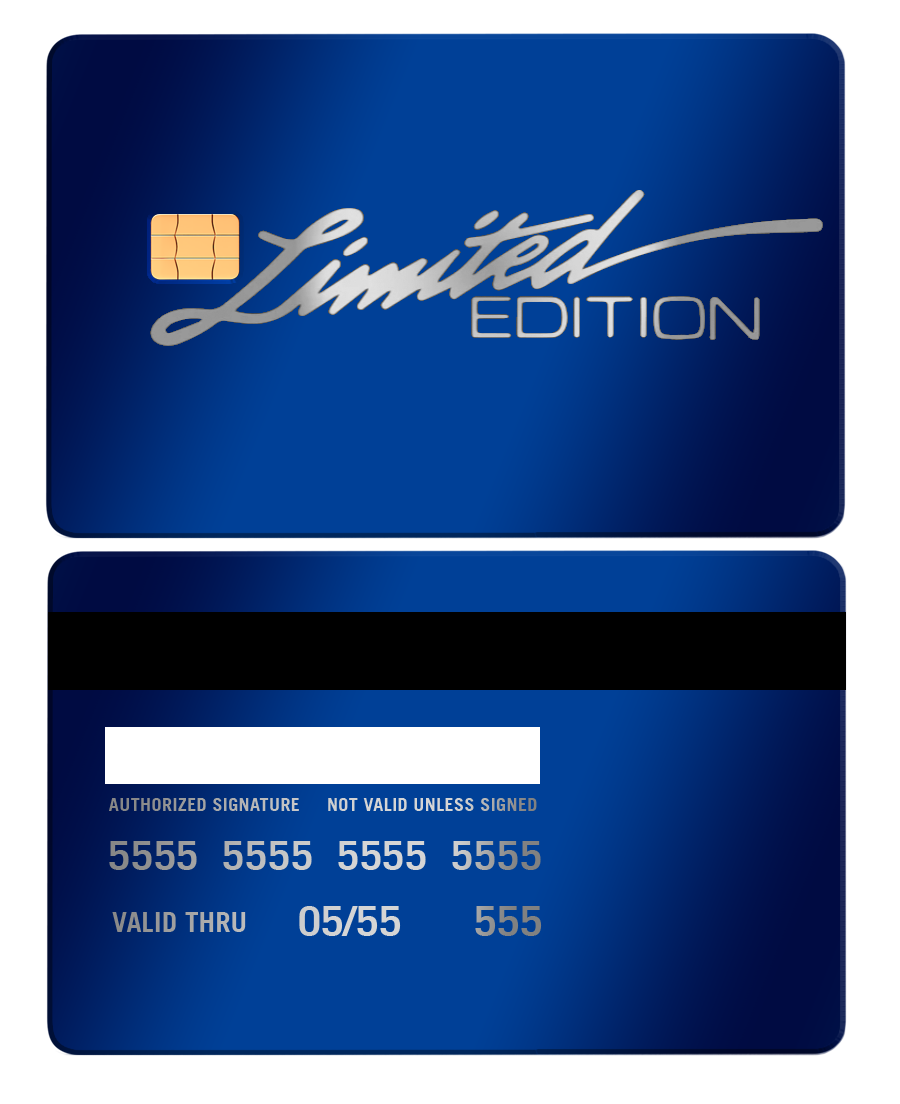 Blue metal card with chip and silver 'Limited Edition' text, front and back view shown.