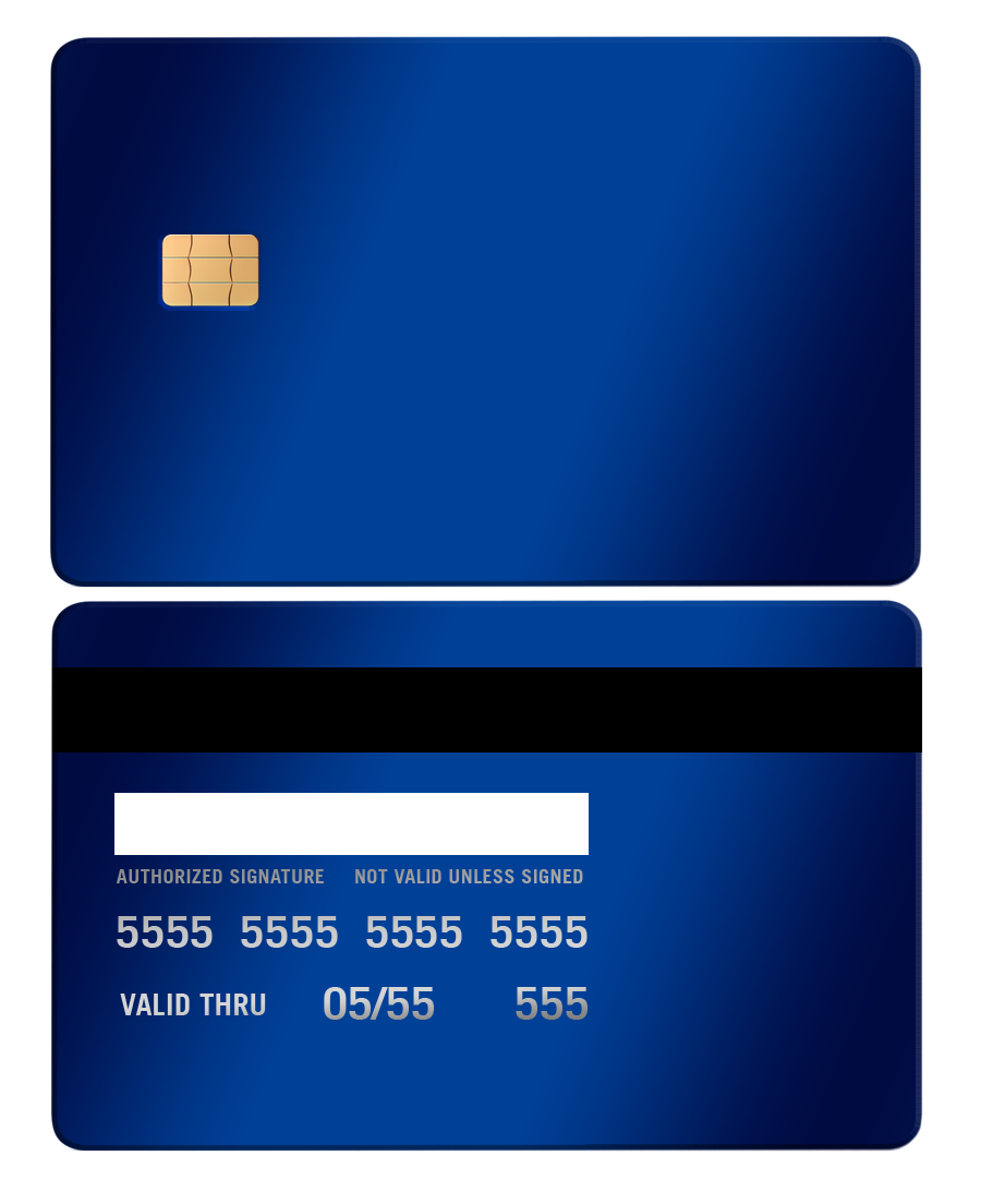 Sleek blue metal card with chip, magnetic stripe, and sample card details on front and back.