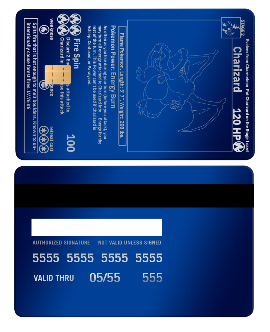 Metal card with blue Charizard design, chip, and credit card details, front and back views