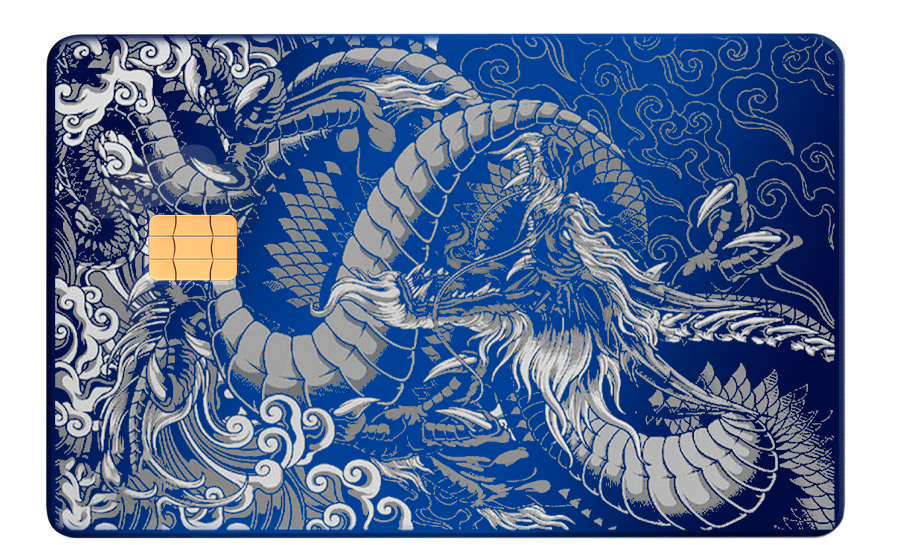 Blue metal card with detailed silver dragon design and chip, premium collectible credit card