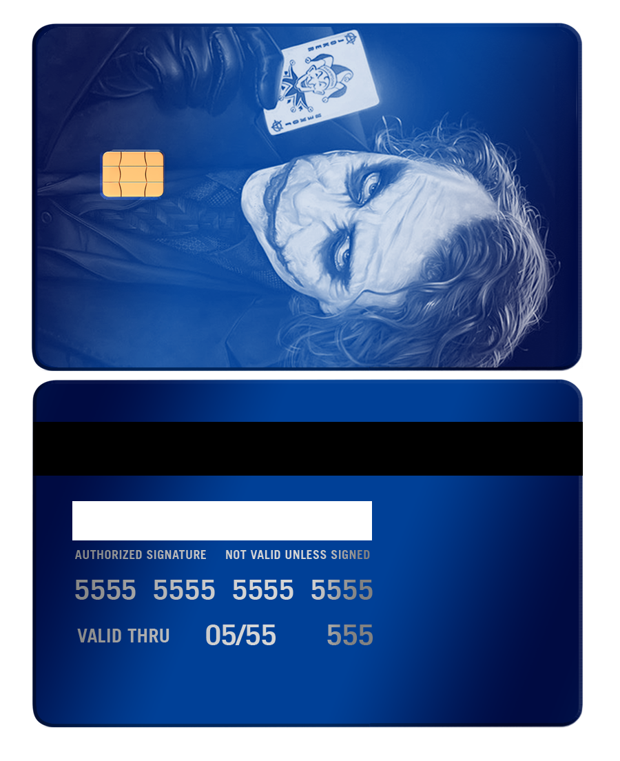 Blue metal card with a joker character illustration holding a card, chip, and card details visible.