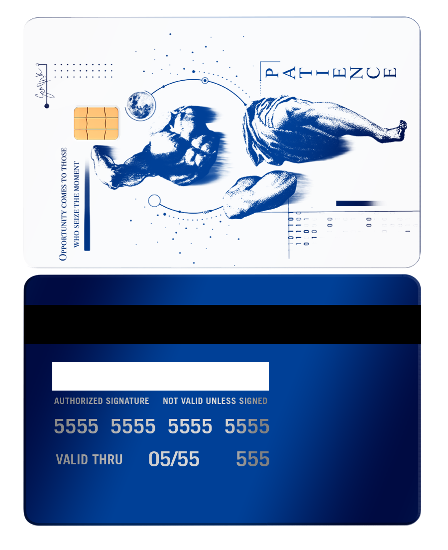 Modern metal card with blue artistic statue design, chip, text PATIENCE and opportunity quote