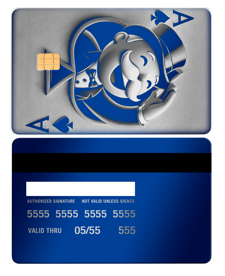 Mirror blue metal card featuring embossed ace of spades design and luxury chip detail