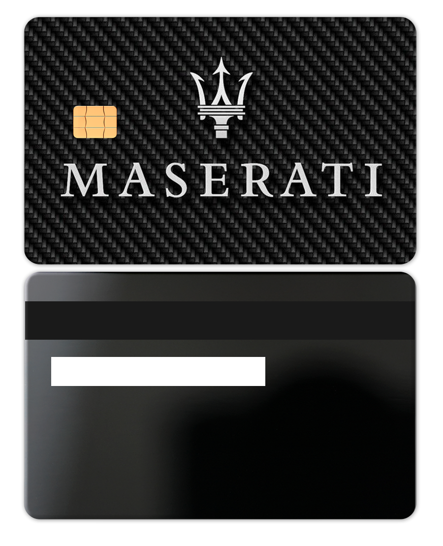 Metal Maserati card with carbon fiber pattern, chip, and mirror black finish
