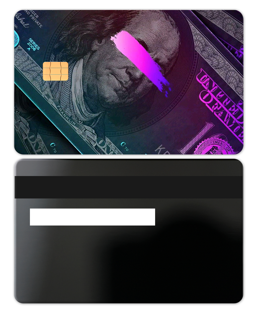 Metal card with black mirror finish, neon dollar bill design, and magstripe
