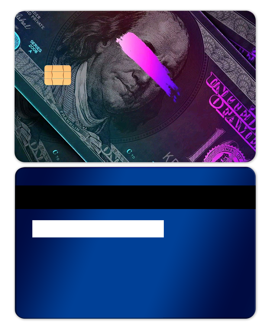 Blue metal card with a dollar bill design, chip, and pink paint streak accent
