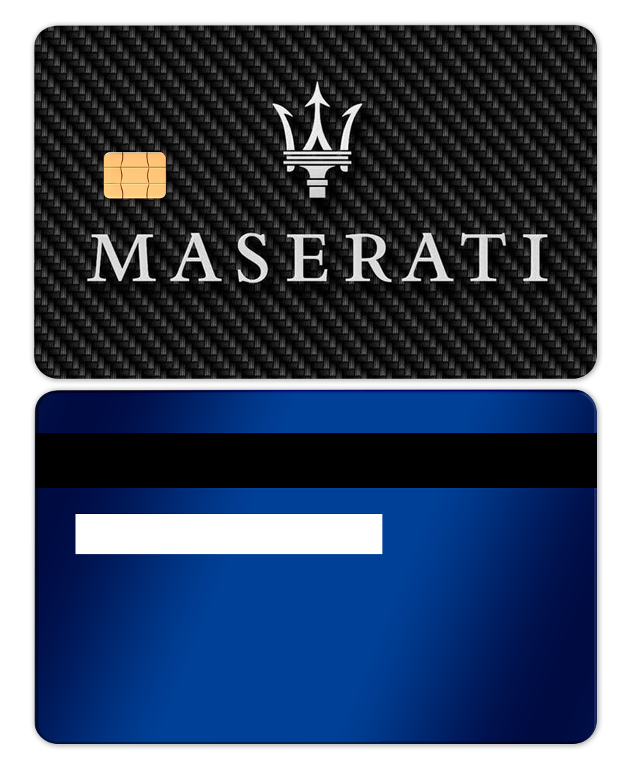 Blue metal Maserati card with carbon fiber texture, chip, and luxury design
