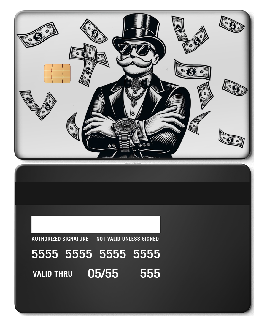 Metal card featuring a Monopoly-style boss in a suit, top hat, and sunglasses with flying money.