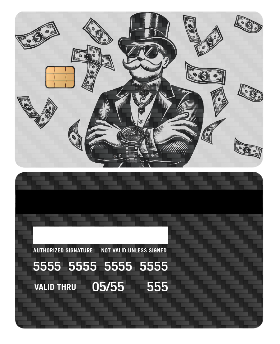 Metal credit card with Monopoly boss illustration, black carbon fiber design, floating cash