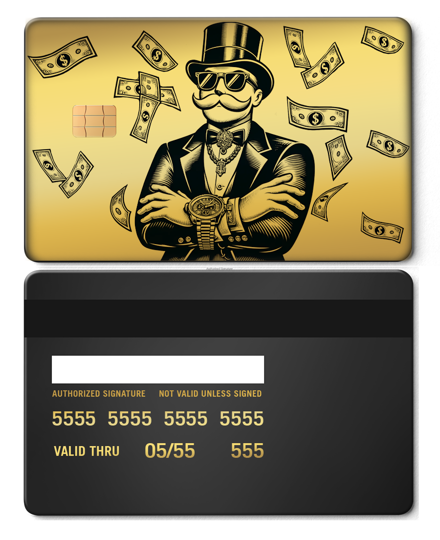 Gold metal card with boss character in tuxedo, top hat, and sunglasses surrounded by money