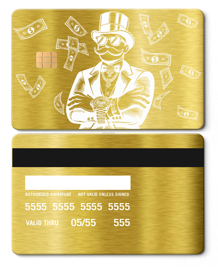 Brushed gold metal card with Monopoly Boss illustration, dollar bills, chip and magnetic stripe