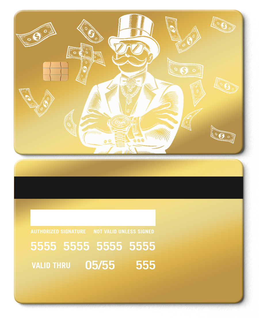 Gold metal card featuring a Monopoly boss in a suit with money graphics, front and back view.