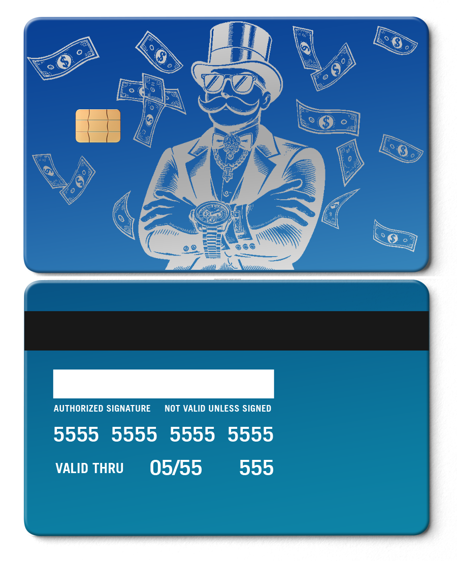 Sapphire blue metal card with Monopoly boss character, dollar bills, and gold chip design