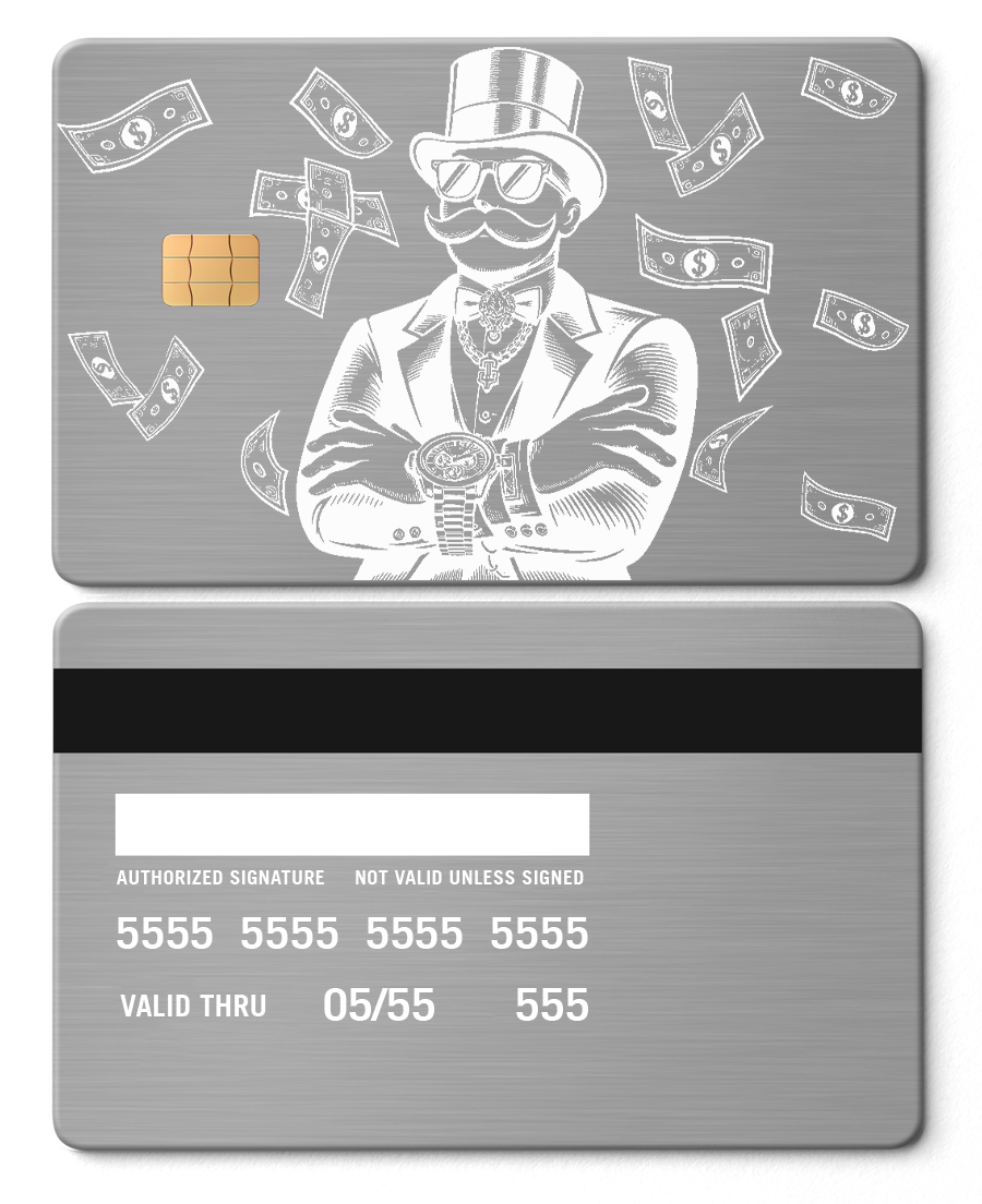 Monopoly boss design engraved on silver metal card with dollar bills and chip