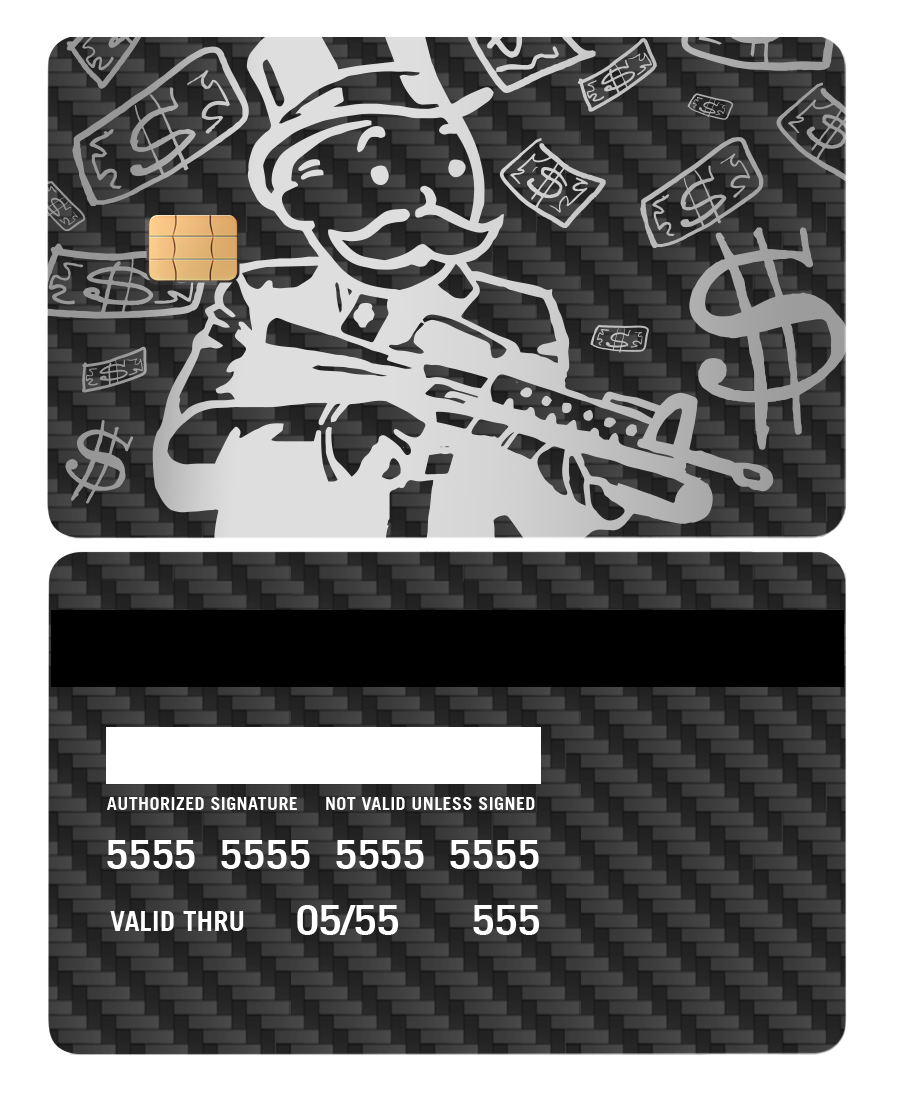 Black carbon fiber metal card with Monopoly Man holding rifle, dollar signs and cash graphics