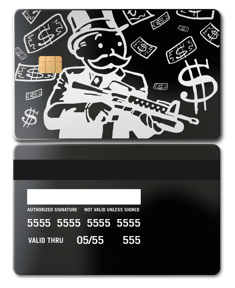 Metal card with Monopoly Man holding a rifle, surrounded by dollar signs and cash graphics.