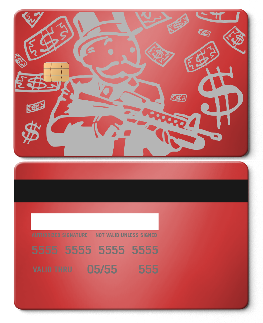 Red metal card featuring Monopoly Man holding rifle, surrounded by money and dollar signs.