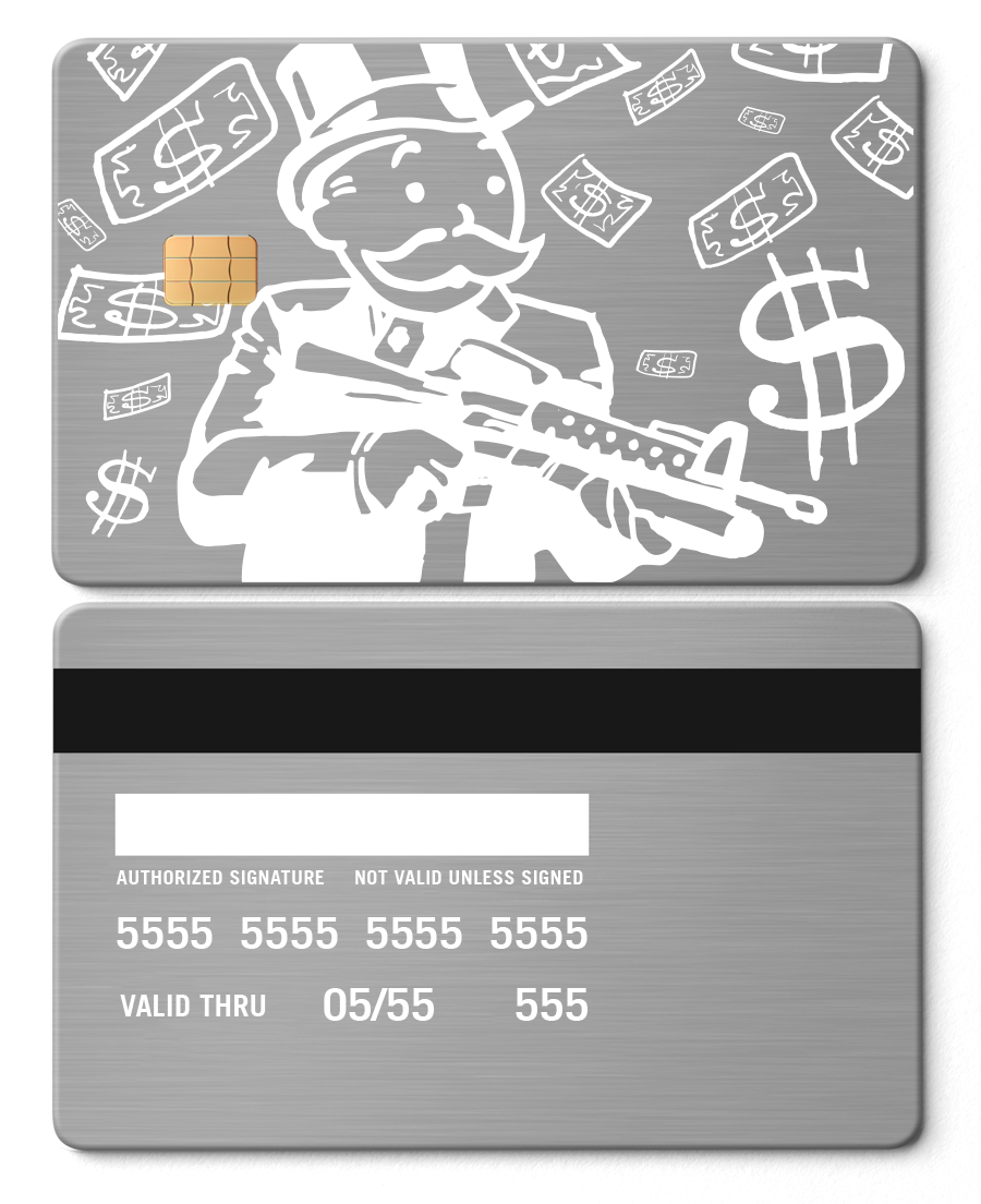 Silver metal card with Monopoly Man holding AR-15, dollar bills, and dollar sign graphic design