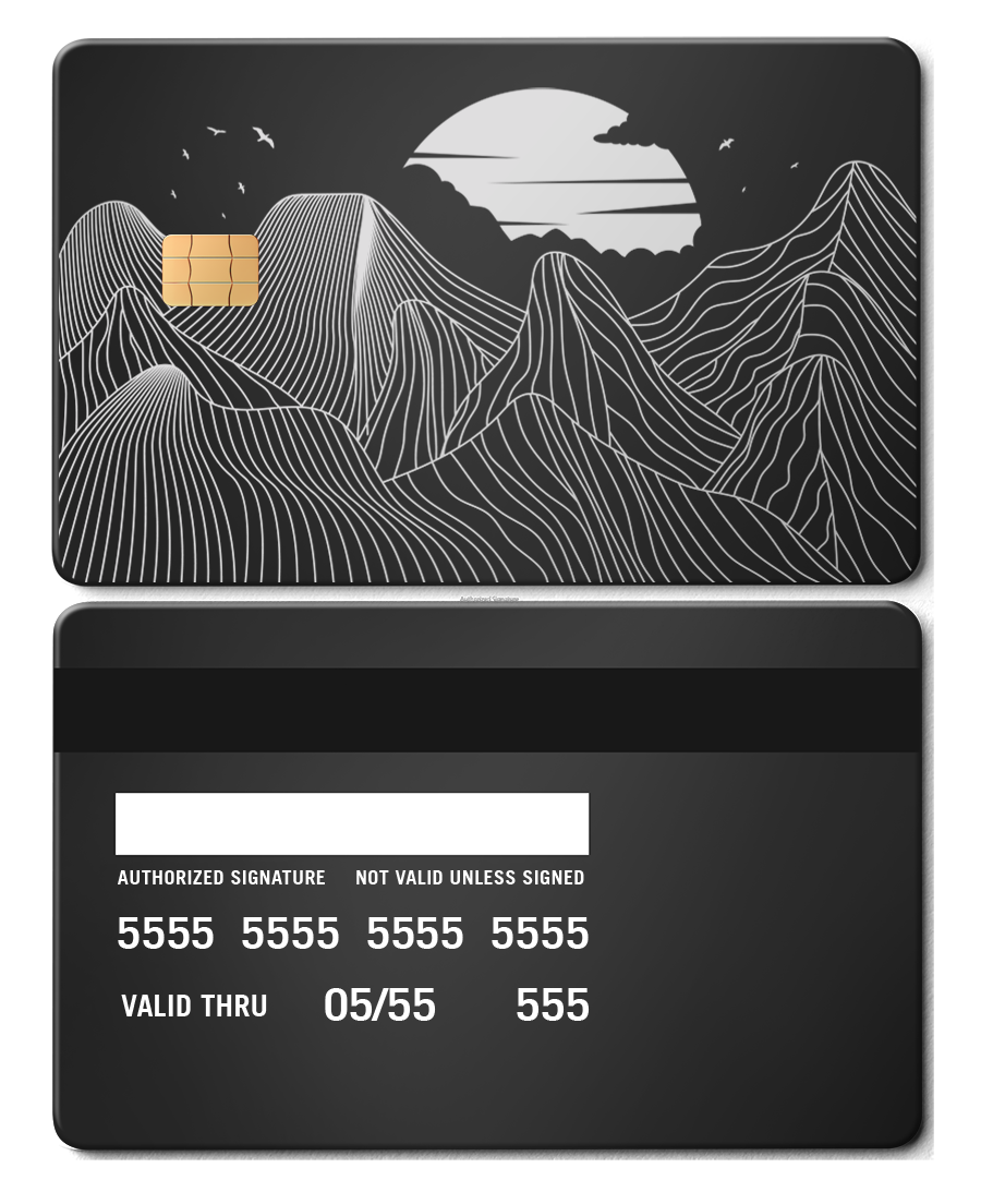 Black metal card with abstract mountain line art and sun design, chip visible on front