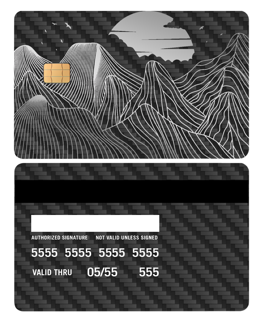 Black carbon fiber metal card with white mountain line art and a silver moon design