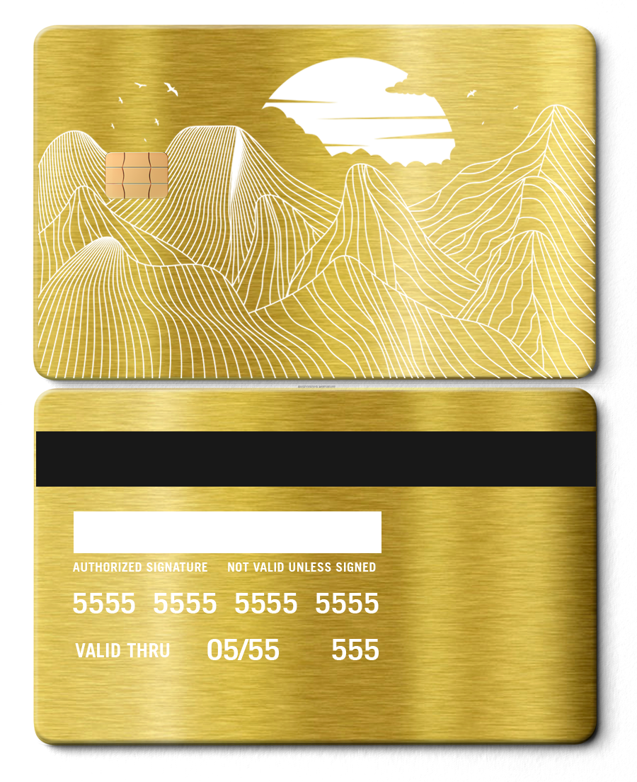 Brushed gold metal card with white mountain line art, EMV chip and sun design.